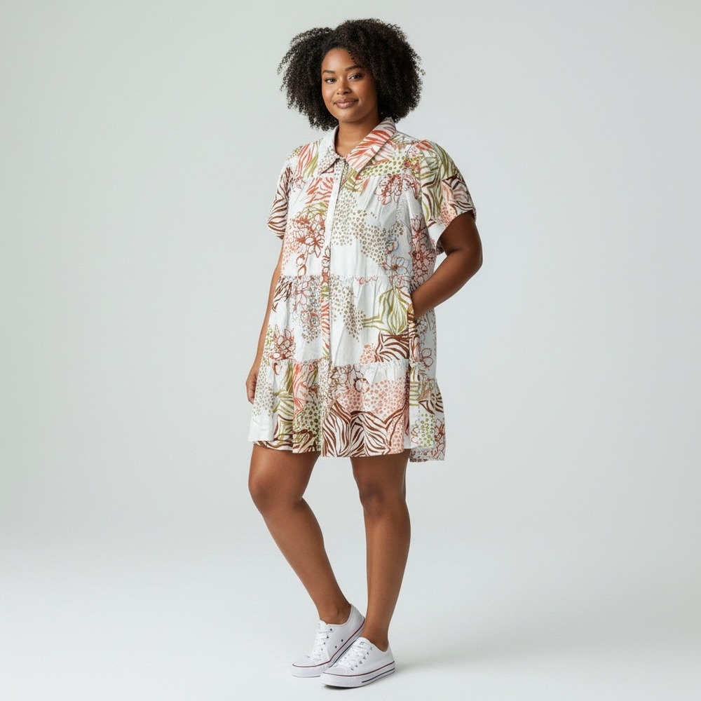 US Together Mini Dress Plus Size 2X Babydoll Relaxed Roomy Boho button Up Tiered
